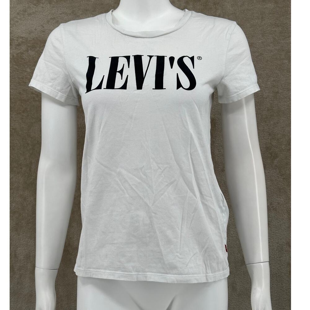 Levis Shirt Womens Small White Black Spellout Logo Graphic Crew Neck Casual